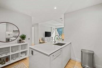 kitchen featuring sink, white cabinets, and kitchen peninsula