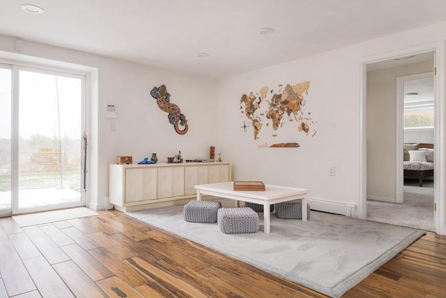 living area featuring light hardwood / wood-style floors and baseboard heating