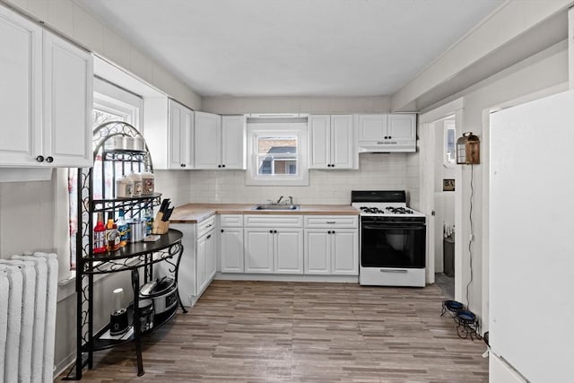 kitchen featuring tasteful backsplash, white appliances, under cabinet range hood, and radiator heating unit