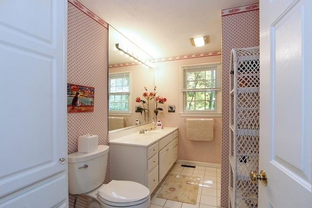 18 Periwinkle Ln, Mashpee, MA 02649 - bathroom featuring vanity, tile patterned flooring, plenty of natural light, a walk in shower, and wallpapered walls