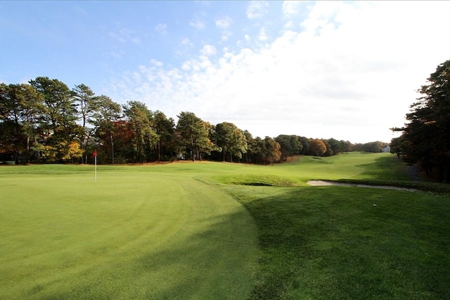 18 Periwinkle Ln, Mashpee, MA 02649 - view of home's community featuring view of golf course, view of wooded area, a putting green, and a lawn