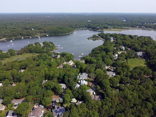 18 Periwinkle Ln, Mashpee, MA 02649 - aerial view of property and surrounding area featuring a heavily wooded area and a large body of water