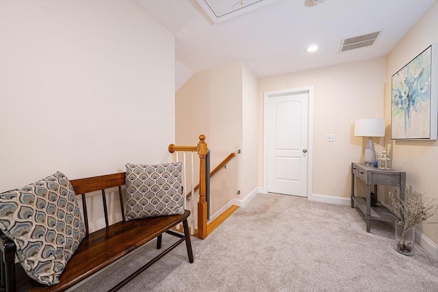 194 Crownshield Ave Unit 194, Uxbridge, MA 01569 - living area featuring carpet flooring, an upstairs landing, attic access, and recessed lighting