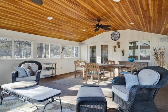 interior space featuring vaulted ceiling, wood ceiling, french doors, and ceiling fan