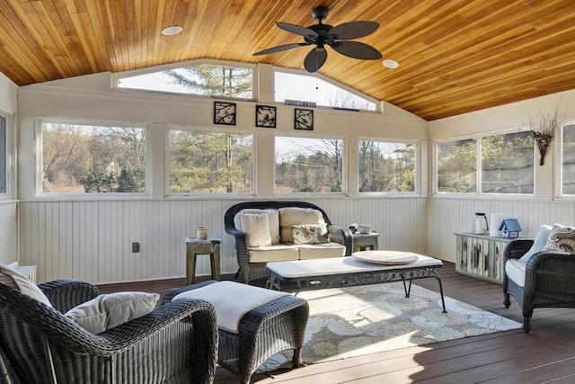 sunroom with wooden ceiling, plenty of natural light, lofted ceiling, and ceiling fan