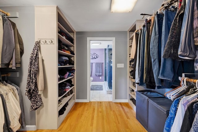 walk in closet with light wood-style floors