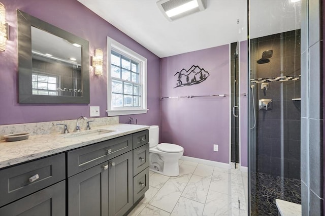 full bath featuring marble finish floor, a stall shower, toilet, and baseboards