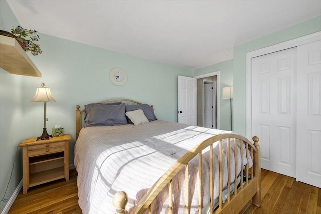 bedroom featuring wood finished floors and a closet