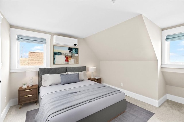 bedroom featuring vaulted ceiling, carpet floors, and a wall unit AC