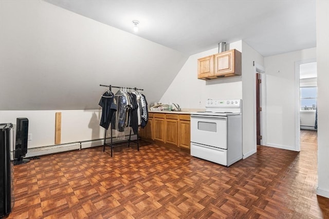 kitchen featuring electric stove, baseboard heating, light countertops, baseboards, and vaulted ceiling