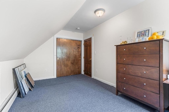 additional living space with baseboard heating, carpet, vaulted ceiling, and baseboards