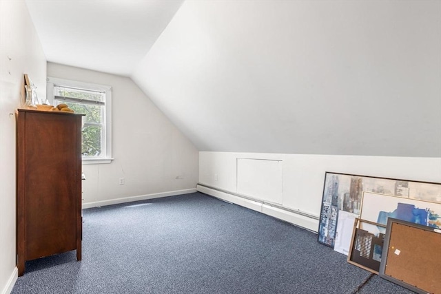 bonus room featuring baseboard heating, vaulted ceiling, carpet flooring, and baseboards