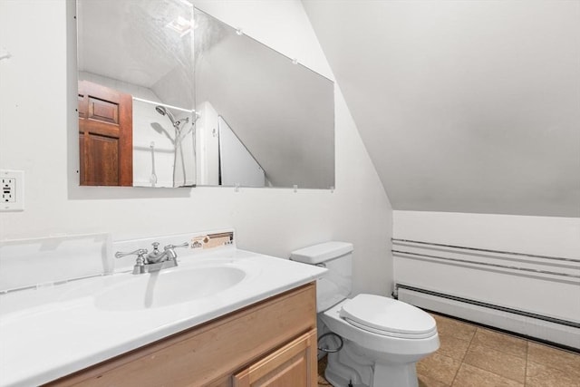 bathroom featuring baseboard heating, vanity, toilet, a shower, and lofted ceiling