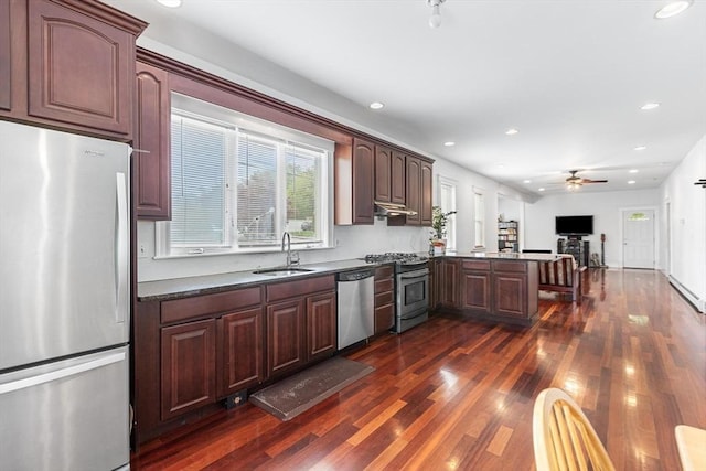 kitchen featuring appliances with stainless steel finishes, a sink, a peninsula, a ceiling fan, and dark wood finished floors