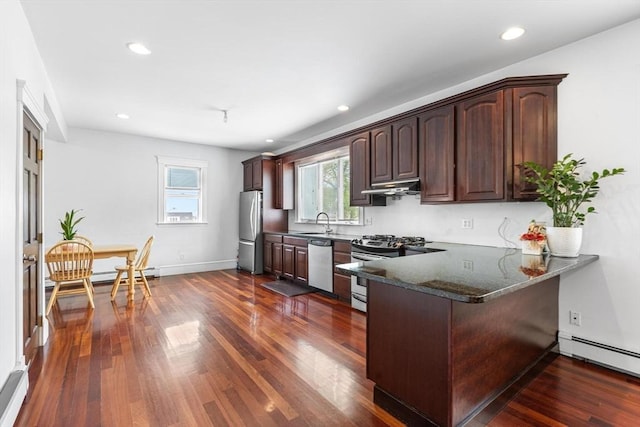 kitchen featuring stainless steel appliances, under cabinet range hood, a sink, dark wood-style floors, and dark brown cabinetry