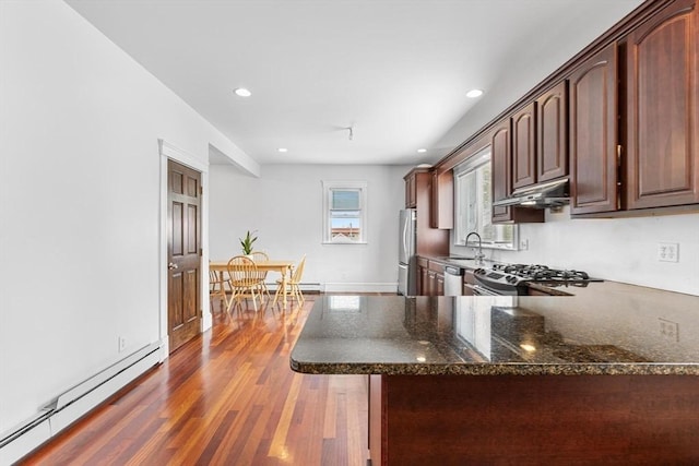 kitchen featuring a baseboard radiator, stainless steel appliances, dark wood-style floors, dark stone counters, and under cabinet range hood