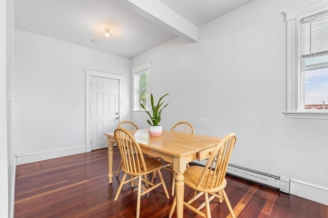 dining space with wood finished floors, baseboard heating, baseboards, and beam ceiling