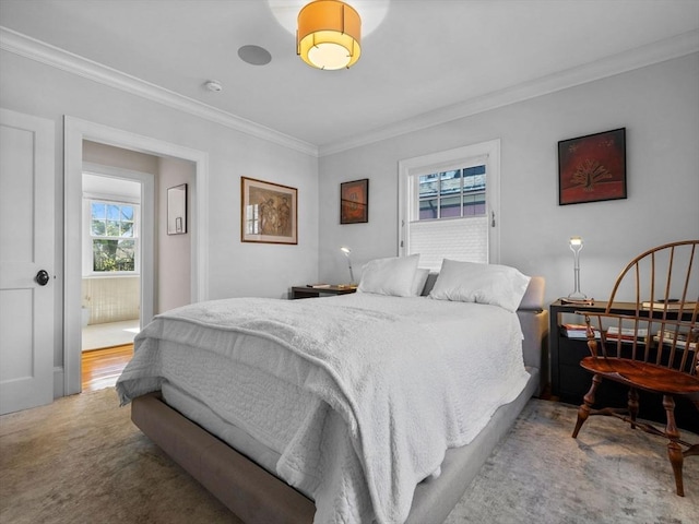 bedroom featuring crown molding and carpet