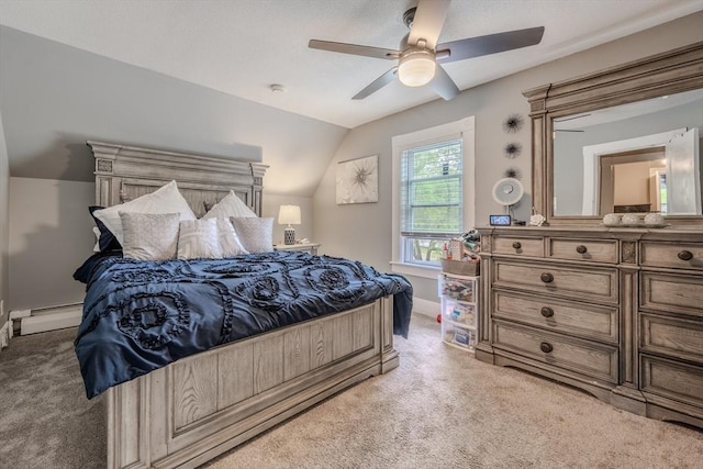 735 Hildreth St, Dracut, MA 01826 - bedroom featuring light carpet, lofted ceiling, a ceiling fan, and baseboard heating