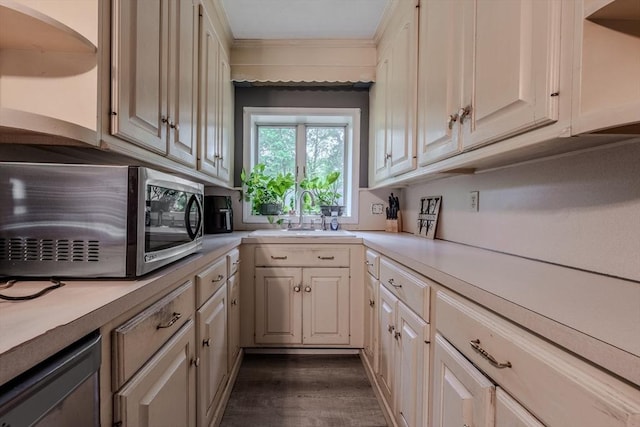735 Hildreth St, Dracut, MA 01826 - kitchen with light countertops, dark wood-type flooring, stainless steel microwave, a sink, and ornamental molding