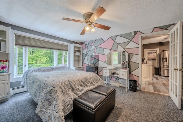 735 Hildreth St, Dracut, MA 01826 - bedroom with stainless steel fridge, carpet flooring, a baseboard heating unit, a textured ceiling, and ceiling fan
