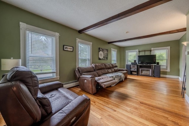 735 Hildreth St, Dracut, MA 01826 - living area with baseboard heating, light wood finished floors, beamed ceiling, a textured ceiling, and baseboards