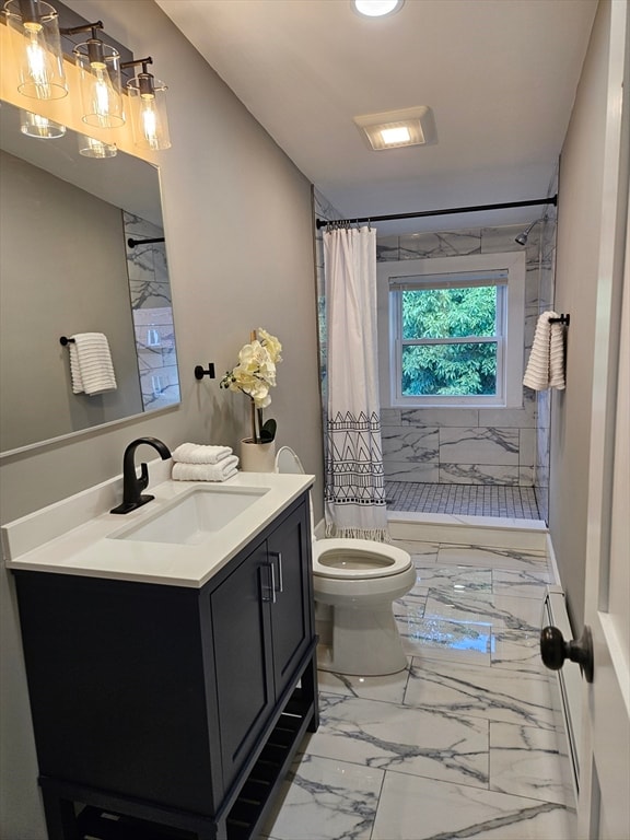 bathroom with toilet, vanity, and a shower with shower curtain