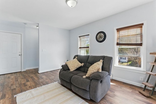 living room with baseboards and wood finished floors
