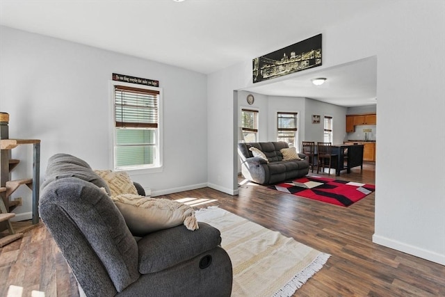 living area with baseboards, plenty of natural light, and wood finished floors