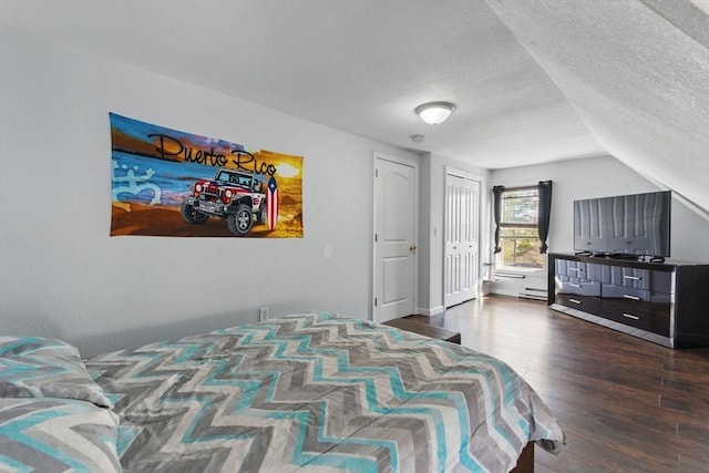 bedroom featuring a textured ceiling, wood finished floors, and lofted ceiling