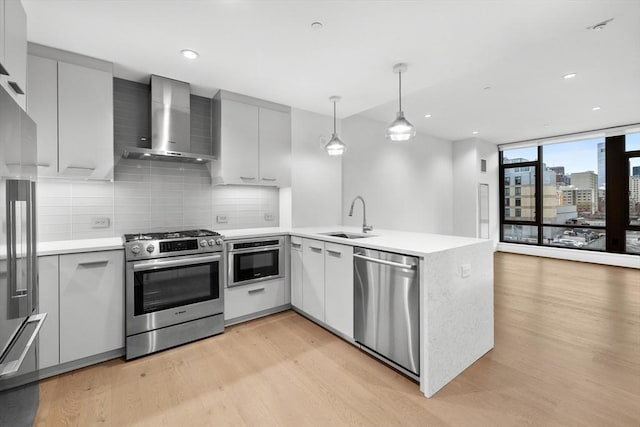 kitchen with decorative backsplash, appliances with stainless steel finishes, a sink, wall chimney range hood, and a peninsula