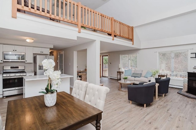 dining space with a baseboard radiator, a wealth of natural light, and light wood-style floors