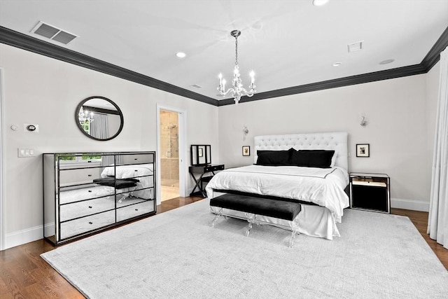 bedroom featuring visible vents, ornamental molding, baseboards, and a notable chandelier