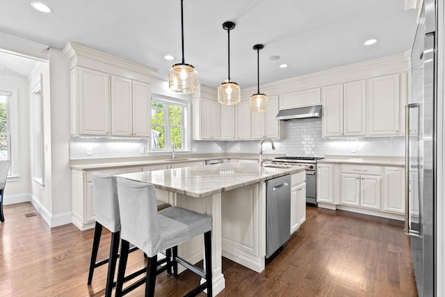 kitchen featuring an island with sink, high quality appliances, ventilation hood, white cabinets, and a sink