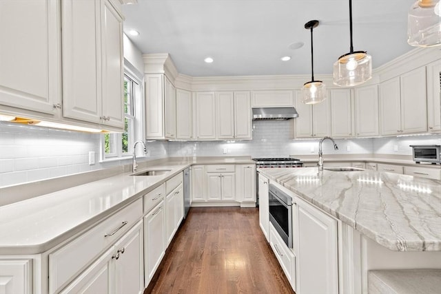 kitchen with wall chimney range hood, stainless steel appliances, white cabinets, and a sink