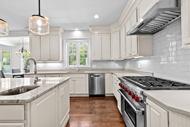 kitchen with a sink, appliances with stainless steel finishes, wall chimney exhaust hood, and a wealth of natural light