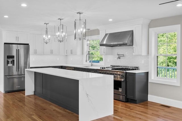 kitchen featuring a kitchen island, pendant lighting, white cabinetry, premium appliances, and wall chimney exhaust hood