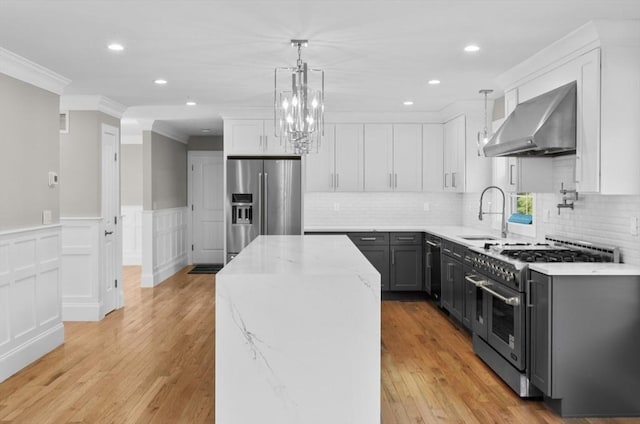 kitchen with wall chimney range hood, sink, a center island, premium appliances, and light stone countertops