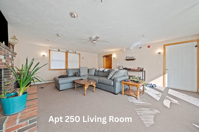 living room with ceiling fan, carpet floors, a textured ceiling, and rail lighting