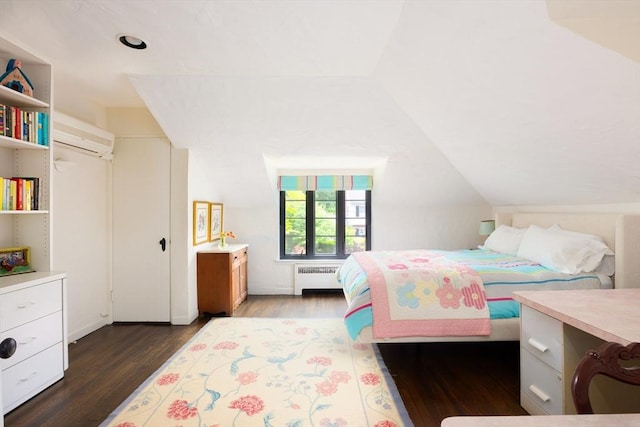 5 Southwick, Newton, MA 02468 - bedroom with radiator, dark wood-style flooring, vaulted ceiling, and a wall unit AC