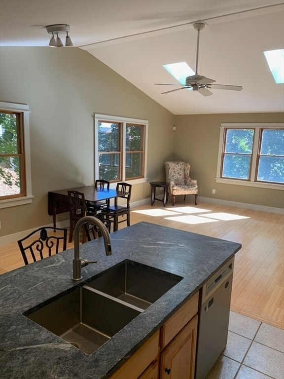 kitchen with light hardwood / wood-style floors, sink, a wealth of natural light, and lofted ceiling with skylight