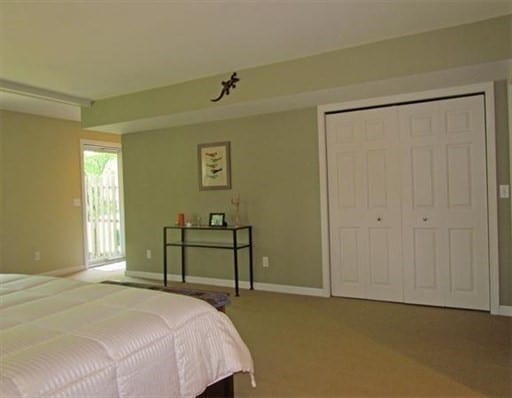 bedroom with access to exterior, a closet, and carpet flooring