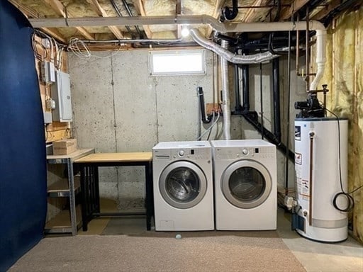 washroom with water heater, electric panel, and washing machine and dryer