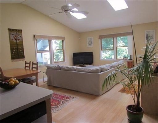 living room featuring lofted ceiling with skylight, ceiling fan, light hardwood / wood-style floors, and plenty of natural light