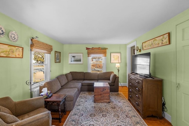 living area featuring baseboards, plenty of natural light, light wood-style flooring, and radiator heating unit