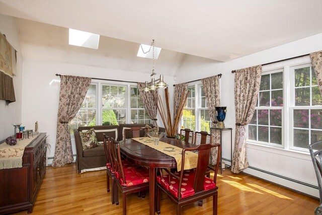 2181 Service Rd, Barnstable, MA 02668 - dining space with a skylight, light wood-type flooring, lofted ceiling, and a baseboard radiator