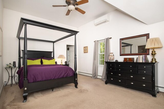 2181 Service Rd, Barnstable, MA 02668 - bedroom featuring an AC wall unit, light colored carpet, baseboard heating, and a ceiling fan