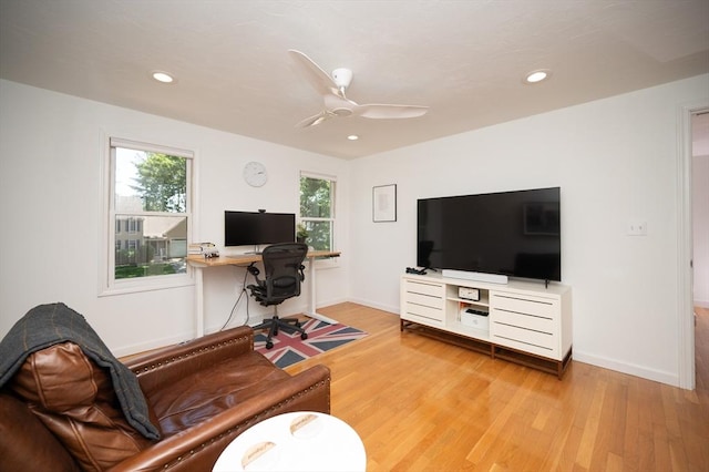 3 Eileen Rd, Norton, MA 02766 - living area with light wood-type flooring, a desk, recessed lighting, ceiling fan, and baseboards