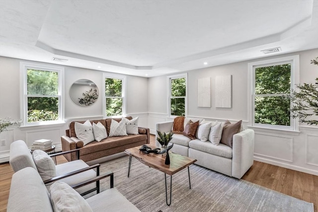 living room with light hardwood / wood-style floors and a raised ceiling