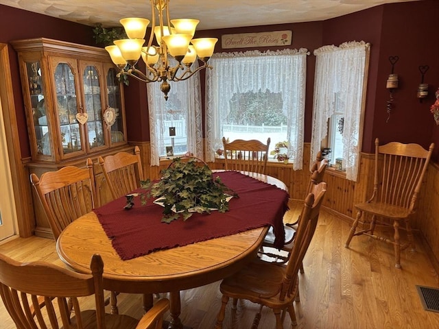 dining area with light wood-style floors, visible vents, wainscoting, wooden walls, and an inviting chandelier